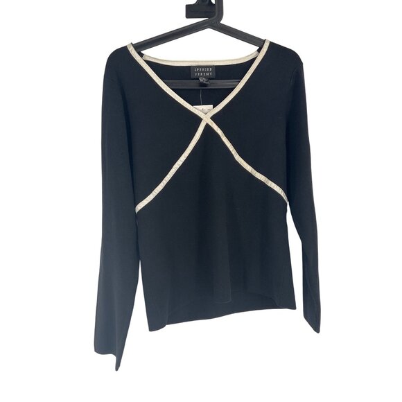 Black Long-Sleeve Knit Top Cream Trim Spenser Jeremy XL Silk career neutral knit - Picture 1 of 6